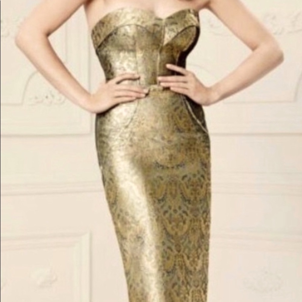 Zac Posen Truly Gold Brocade Bodycon Midi Dress